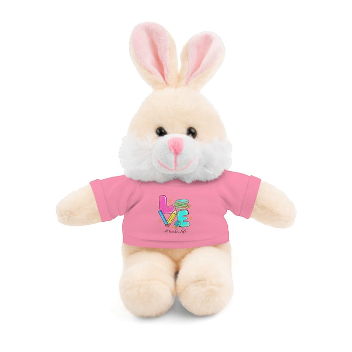 Sea Dragon Dreams plush bunny wearing a pink cotton t-shirt with a Love Teacher Life graphic print