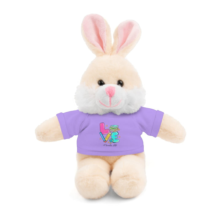 Sea Dragon Dreams 8-inch plush bunny wearing a purple cotton t-shirt with a Love Teacher Life graphic design.