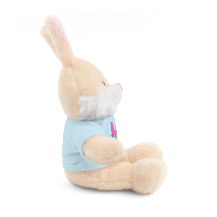 Sea Dragon Dreams plush bunny stuffed animal wearing a light blue cotton t-shirt with Love Teacher Life print