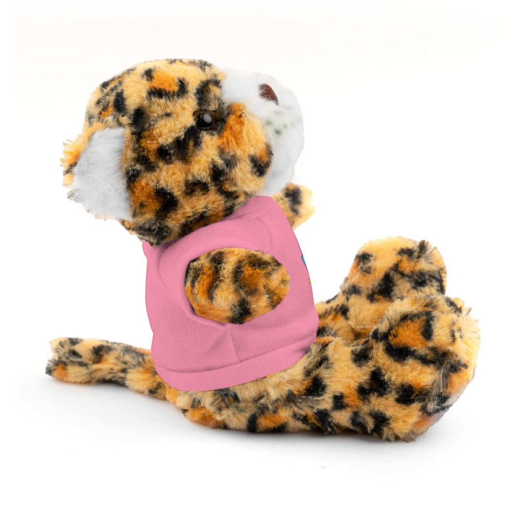 Sea Dragon Dreams plush jaguar stuffed animal wearing a pink cotton t-shirt, side profile view on white background.