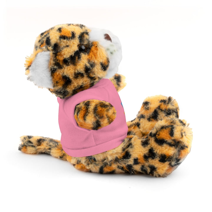 Sea Dragon Dreams plush jaguar stuffed animal wearing a pink cotton t-shirt, side profile view on white background.
