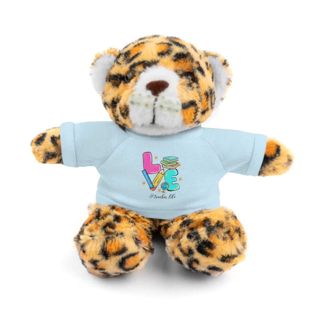 Sea Dragon Dreams plush jaguar stuffed animal wearing a light blue cotton t-shirt with a Love Teacher Life graphic.