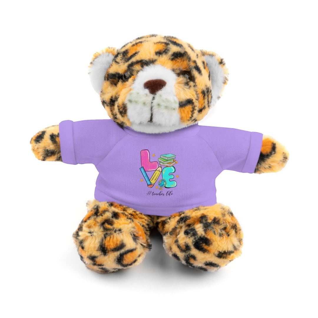 Sea Dragon Dreams plush jaguar stuffed animal wearing a purple cotton t-shirt with a Love Teacher Life graphic print.