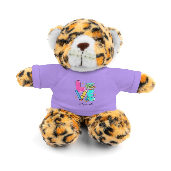Sea Dragon Dreams plush jaguar stuffed animal wearing a purple cotton t-shirt with a Love Teacher Life graphic print.