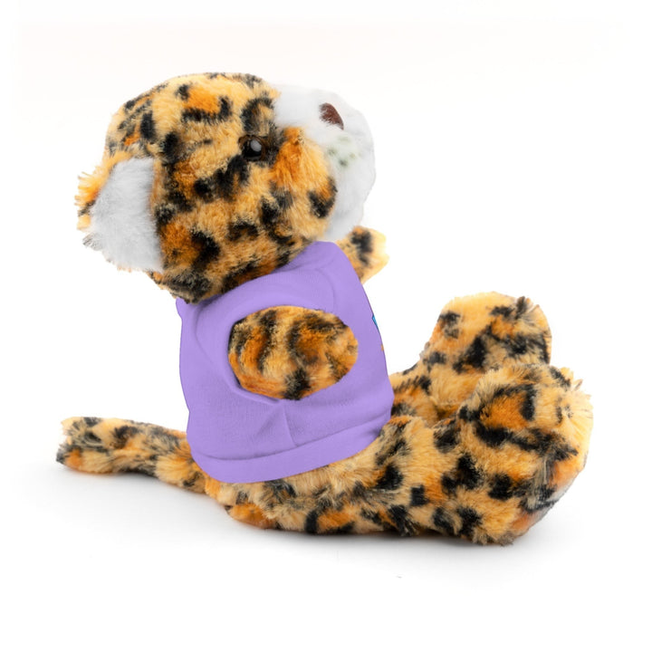 Sea Dragon Dreams plush jaguar stuffed animal wearing a purple cotton t-shirt, side view on a white background.