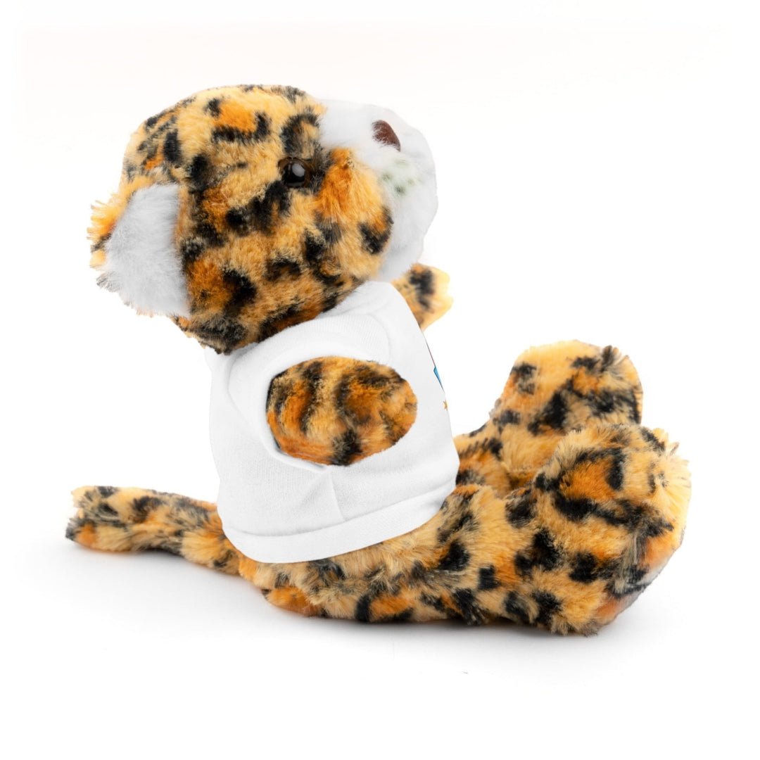 Sea Dragon Dreams plush jaguar stuffed animal wearing a plain white cotton t-shirt, side profile view.