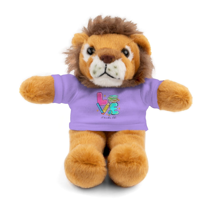 Sea Dragon Dreams plush lion stuffed animal wearing a purple cotton t-shirt with Love Teacher Life graphic print.