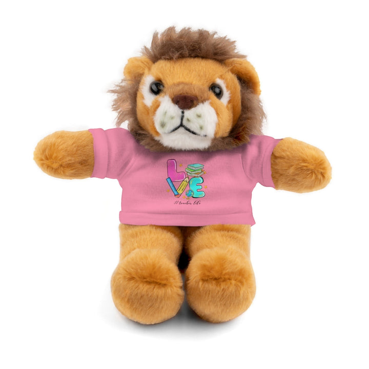 Sea Dragon Dreams plush lion stuffed animal wearing a pink cotton t-shirt with Love Teacher Life graphic design