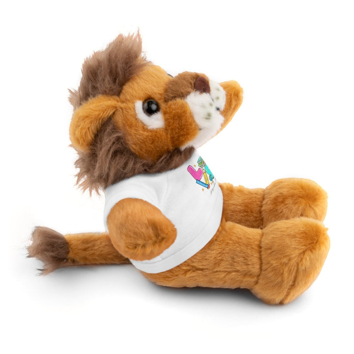 Sea Dragon Dreams plush lion stuffed animal wearing a white cotton t-shirt with Love Teacher Life graphic design