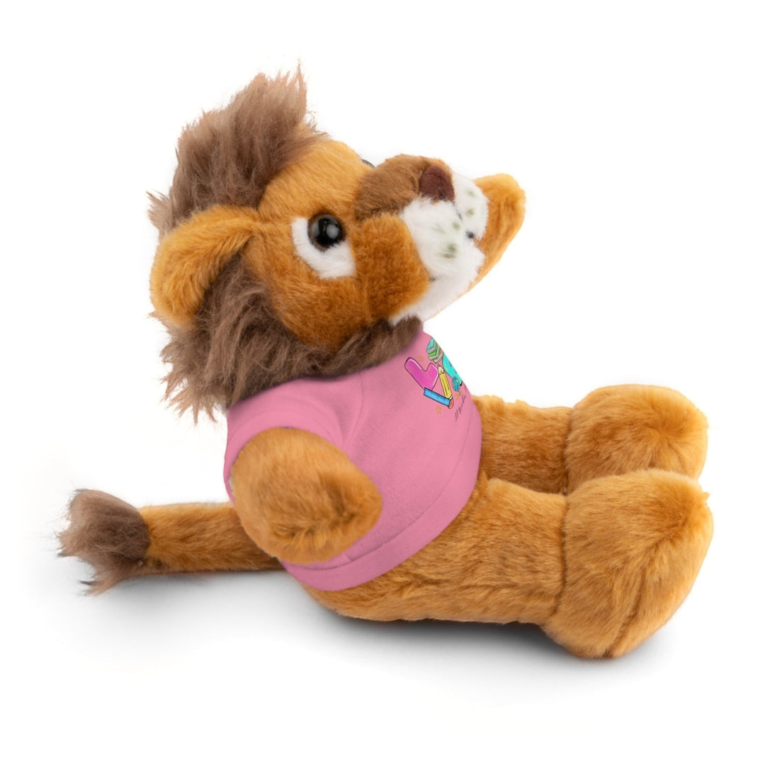 Sea Dragon Dreams plush lion stuffed animal wearing a pink t-shirt with Love Teacher Life text, side view