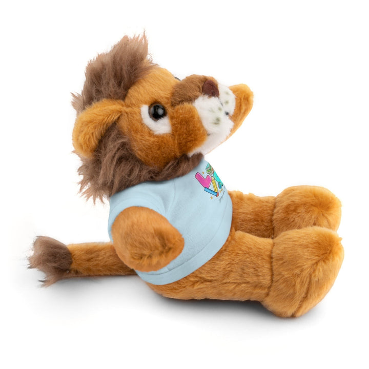 Sea Dragon Dreams plush lion stuffed animal wearing a light blue cotton t-shirt with a teacher-themed graphic print.