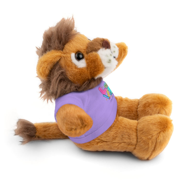 Sea Dragon Dreams plush lion stuffed animal wearing a purple cotton t-shirt with Love Teacher Life graphic print.