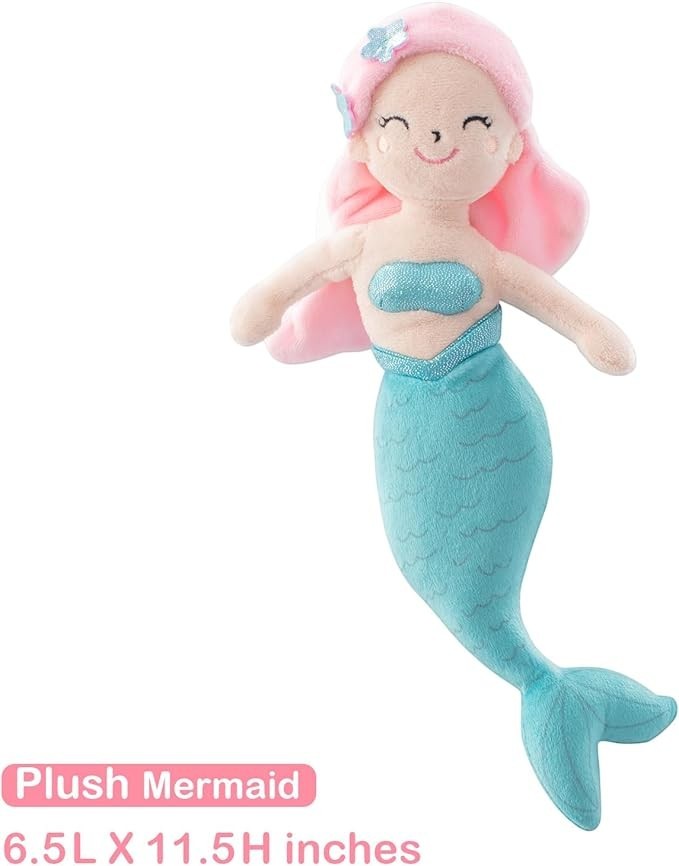 Sea Dragon Dreams plush mermaid toy with pink hair and a teal tail, part of a 4-piece nursery bedding set.