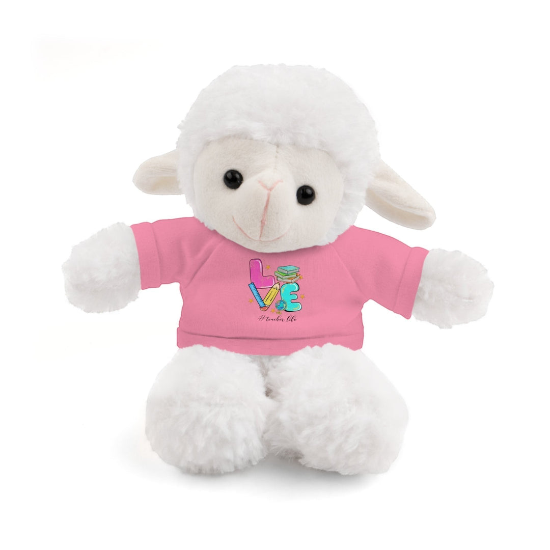 Sea Dragon Dreams plush sheep toy wearing a pink cotton t-shirt with Love Teacher Life graphic design