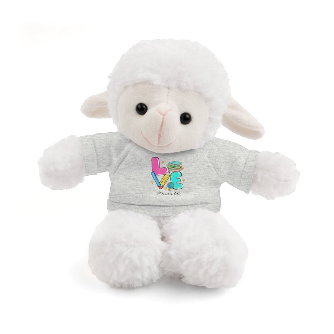 Sea Dragon Dreams white plush sheep stuffed animal wearing a grey t-shirt with Love Teacher Life graphic print