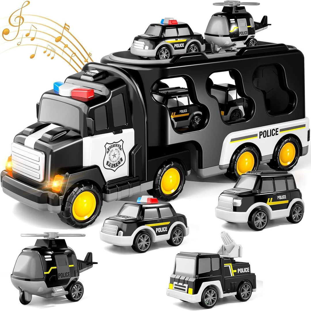 Sea Dragon Dreams black police vehicle carrier toy set with six mini police cars and helicopter, featuring lights