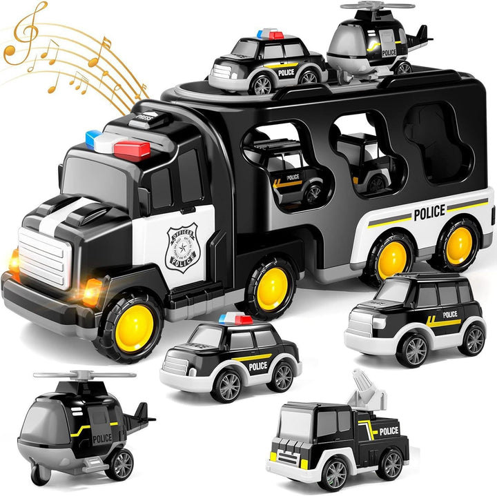 Sea Dragon Dreams black police vehicle carrier toy set with six mini police cars and helicopter, featuring lights