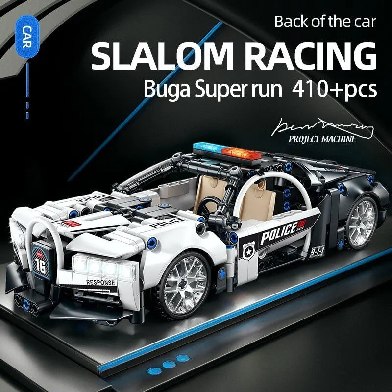 Sea Dragon Dreams police racing car building block set with detailed white and black design and emergency light bar