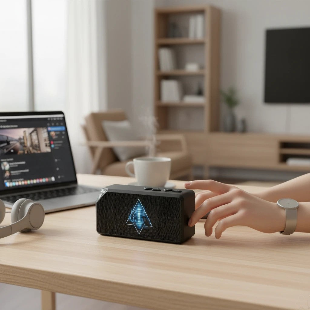 Sea Dragon Dreams The Message Bluetooth speaker in matte black with an illuminated geometric emblem on a wooden desk.