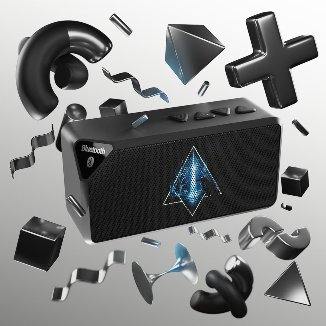 Sea Dragon Dreams The Message Bluetooth speaker in matte black with an illuminated geometric emblem and top controls.