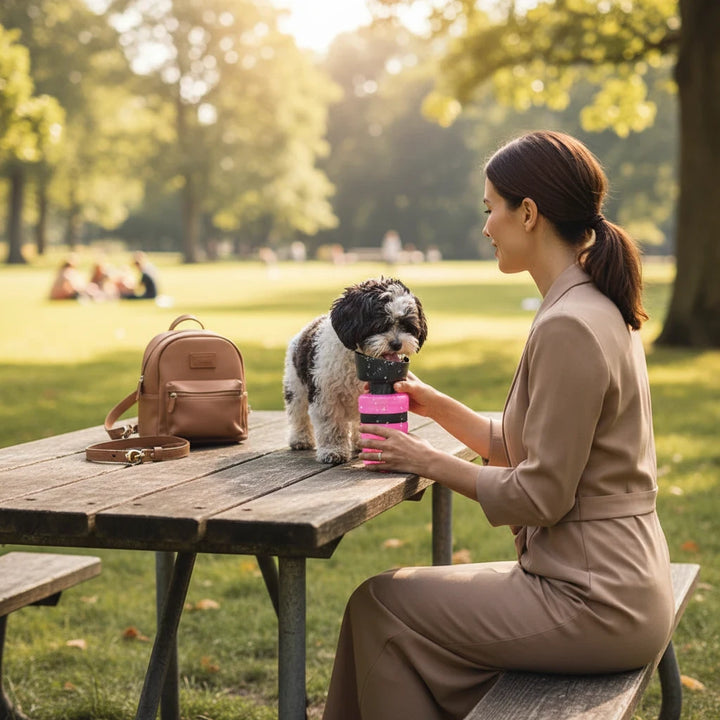 Sea Dragon Dreams portable pink dog water bottle being used by a woman to hydrate her small dog at a park picnic table