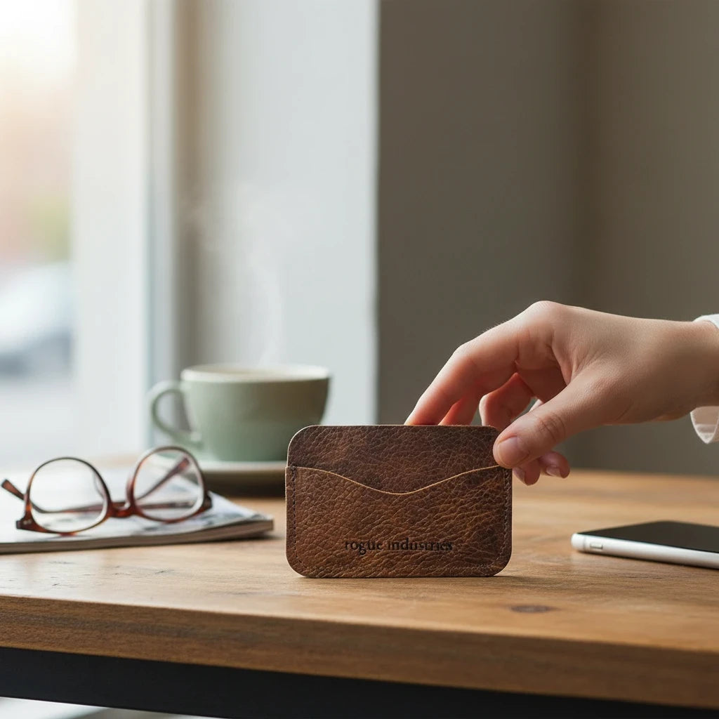 Sea Dragon Dreams Portland Leather Card Case in brown top-grain bovine leather on a wooden table
