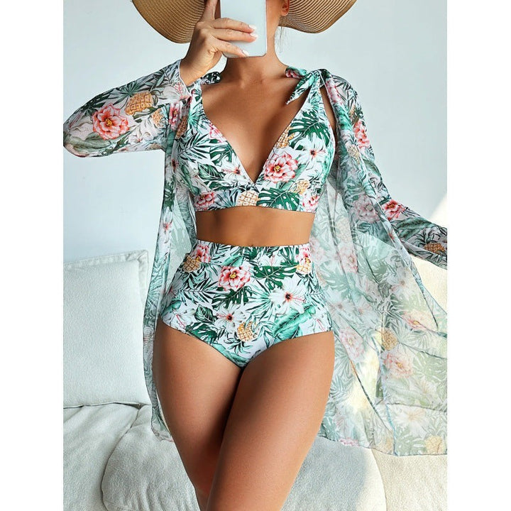 Sea Dragon Dreams 3-piece bikini set with high-waisted bottoms, floral print top, and matching long-sleeve cover-up