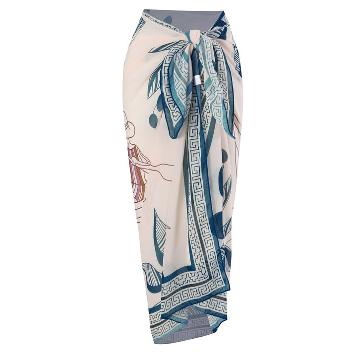 Sea Dragon Dreams lightweight sarong cover-up with a cream and blue tropical print and geometric border
