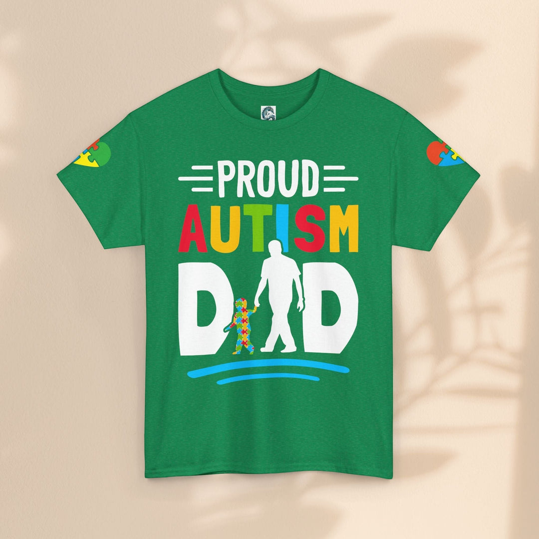 Sea Dragon Dreams green heavy cotton t-shirt featuring a colorful Proud Autism Dad graphic with puzzle piece details.