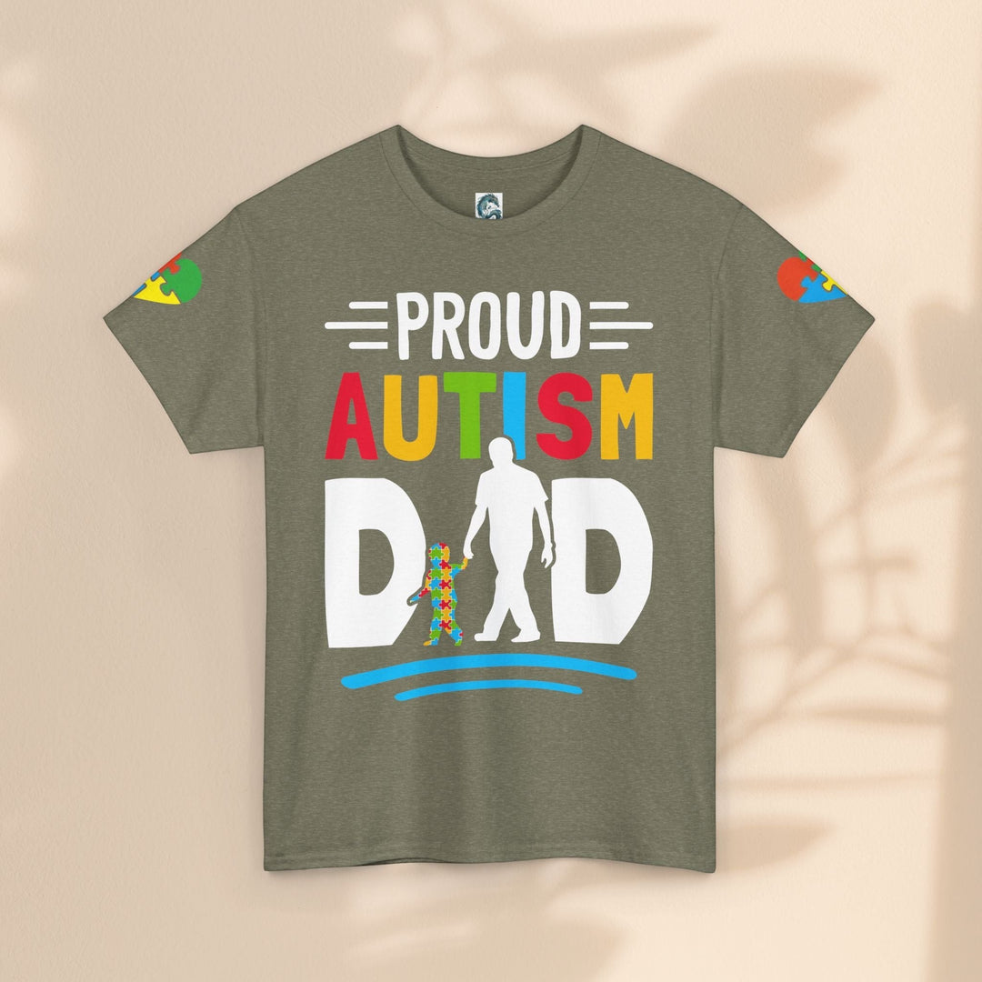 Sea Dragon Dreams olive green heavy cotton t-shirt with a colorful Proud Autism Dad graphic and puzzle piece design.