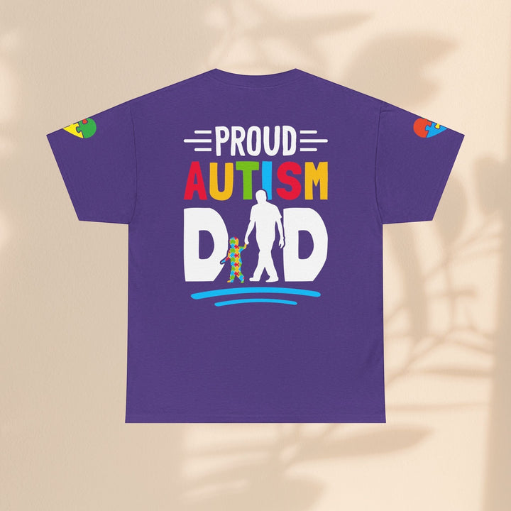 Sea Dragon Dreams purple heavy cotton t-shirt with Proud Autism Dad graphic featuring a father and child silhouette.