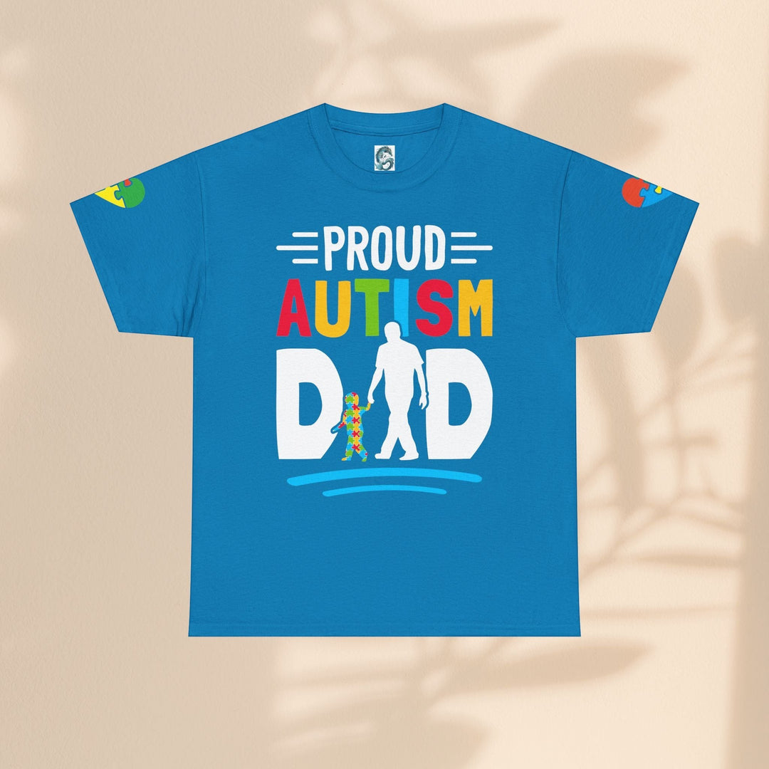 Sea Dragon Dreams blue heavy cotton t-shirt featuring a colorful Proud Autism Dad graphic with puzzle piece accents.