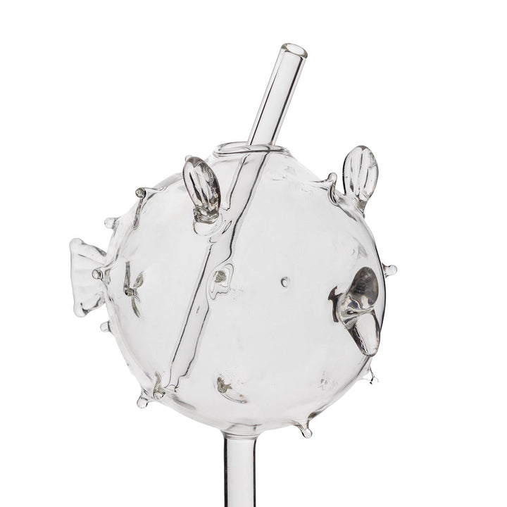 Sea Dragon Dreams BarConic puffer fish cocktail glass made of clear glass with a matching reusable straw