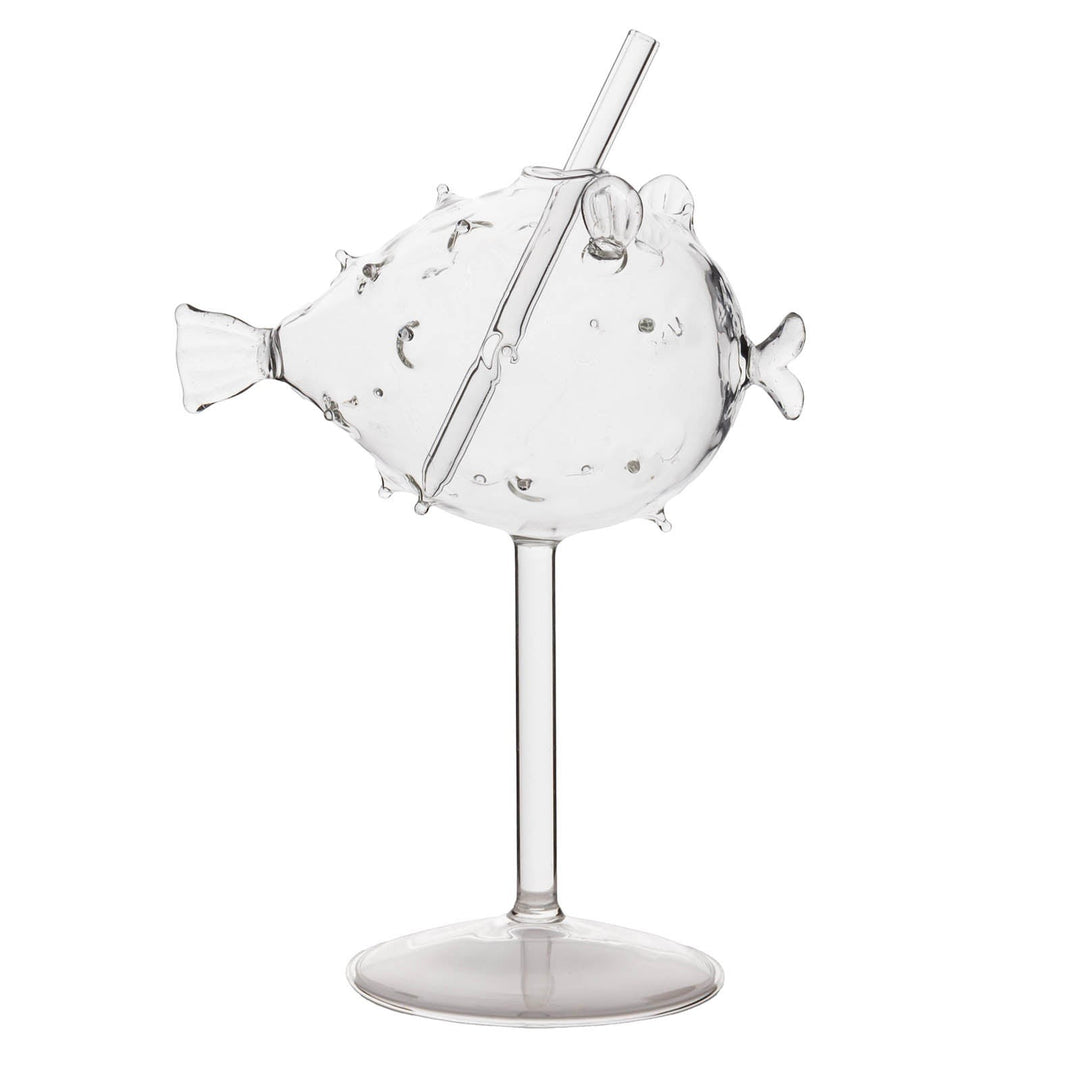 Sea Dragon Dreams BarConic puffer fish cocktail glass made of clear glass with a matching reusable straw
