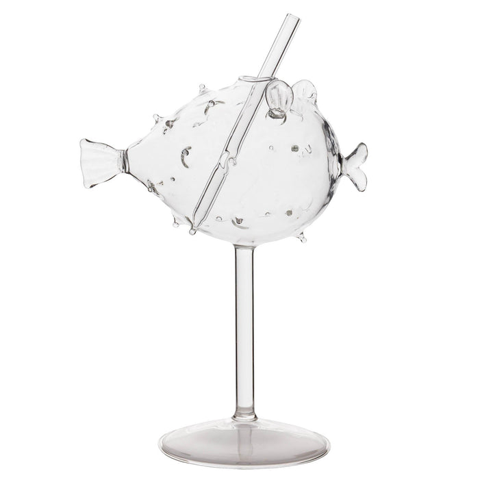 Sea Dragon Dreams BarConic puffer fish cocktail glass made of clear glass with a matching reusable straw