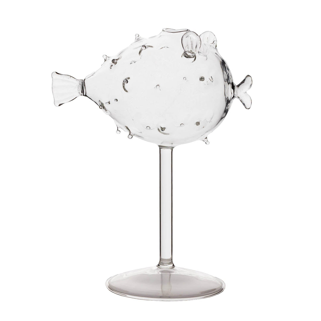 Sea Dragon Dreams BarConic puffer fish cocktail glass made of clear glass with a stem and base for tropical drinks.
