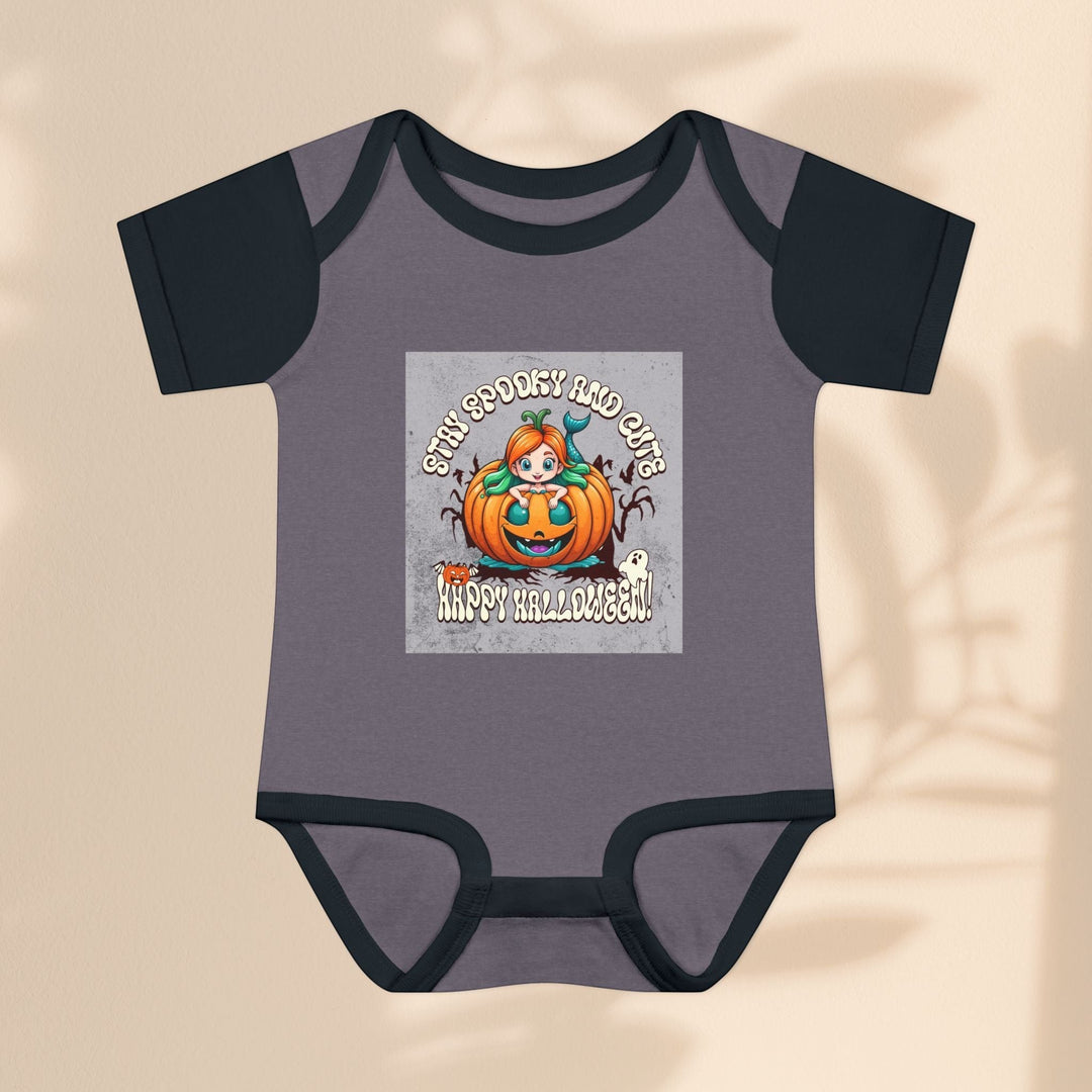 Sea Dragon Dreams infant bodysuit with Stay Spooky and Cute pumpkin graphic, grey cotton with black trim.