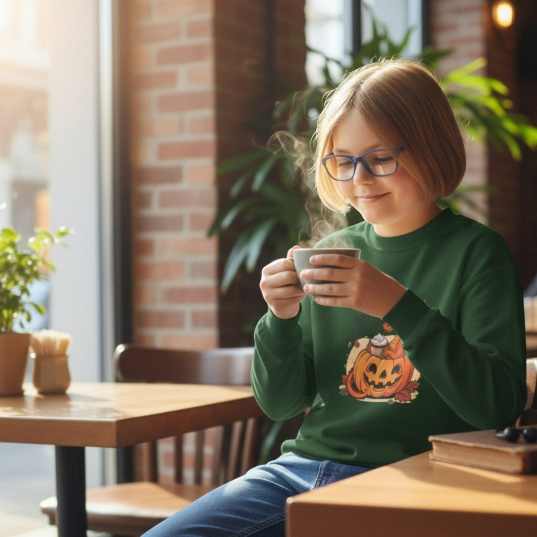 A child wearing a Sea Dragon Dreams green crewneck sweatshirt with a pumpkin dragon graphic, holding a warm mug.