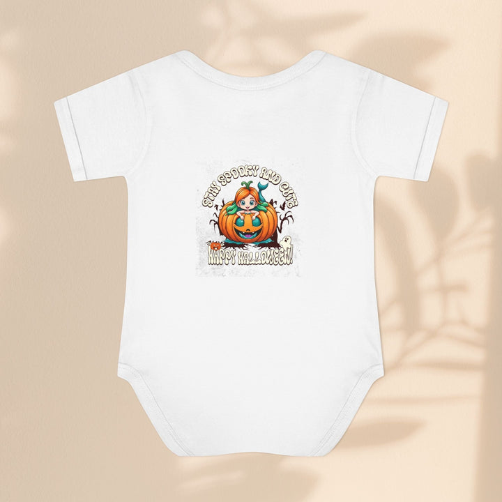 Sea Dragon Dreams white infant bodysuit with Stay Spooky and Cute pumpkin Halloween graphic on soft cotton fabric