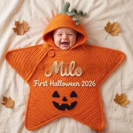 Sea Dragon Dreams baby wearing a crocheted orange pumpkin star-shaped hooded blanket with Milo First Halloween 2026