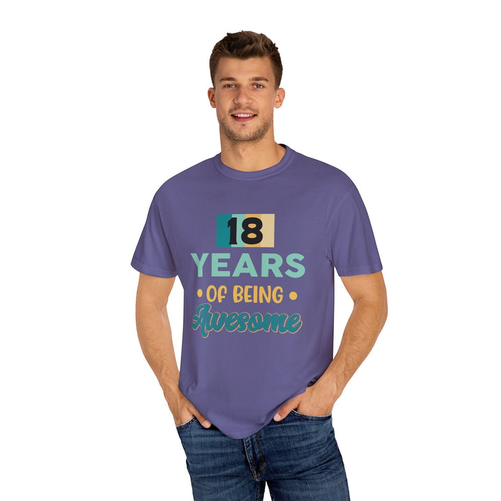 Sea Dragon Dreams unisex 18th birthday t-shirt in purple cotton with 18 Years of Being Awesome graphic print