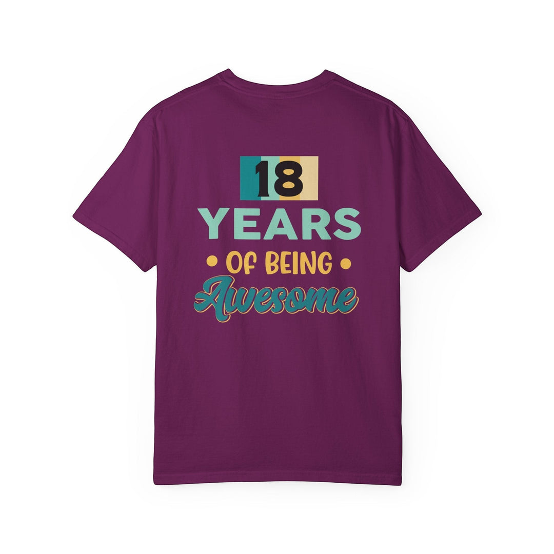 Sea Dragon Dreams unisex 18th birthday t-shirt in dark purple cotton with retro 18 years of being awesome graphic