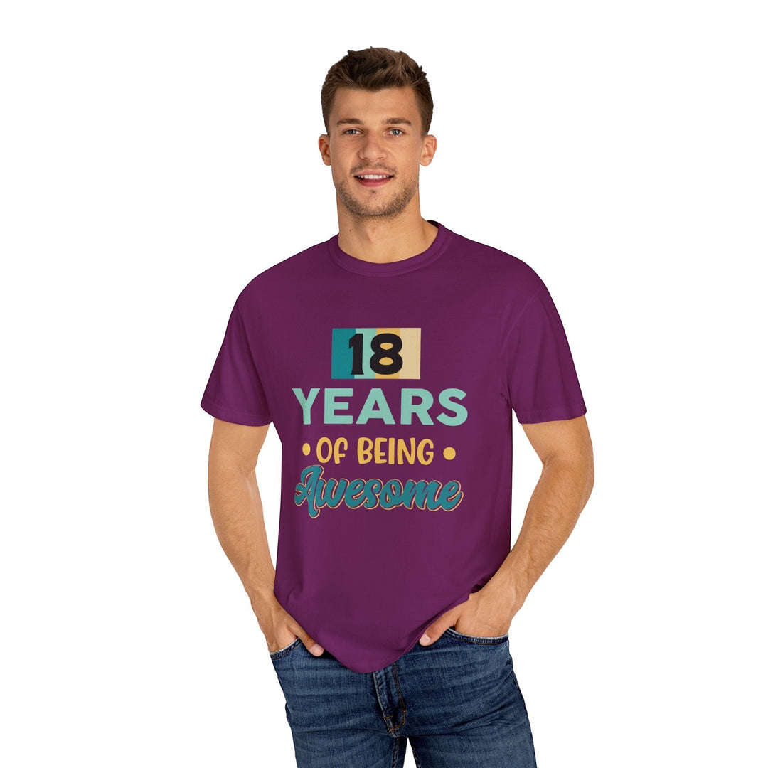 Sea Dragon Dreams unisex 18th birthday t-shirt in purple cotton with bold 18 years of being awesome graphic print