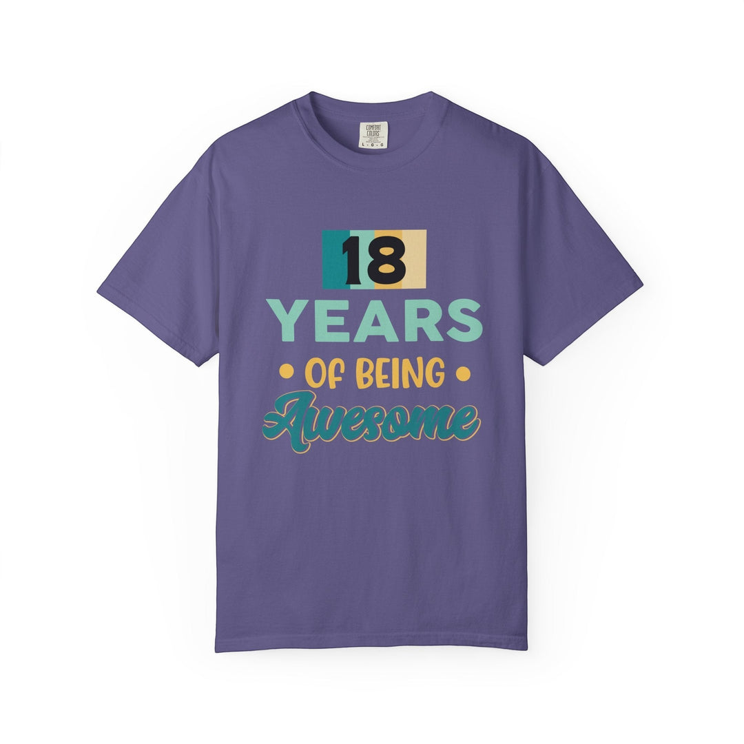 Sea Dragon Dreams purple 18th birthday unisex t-shirt with 18 Years of Being Awesome graphic print