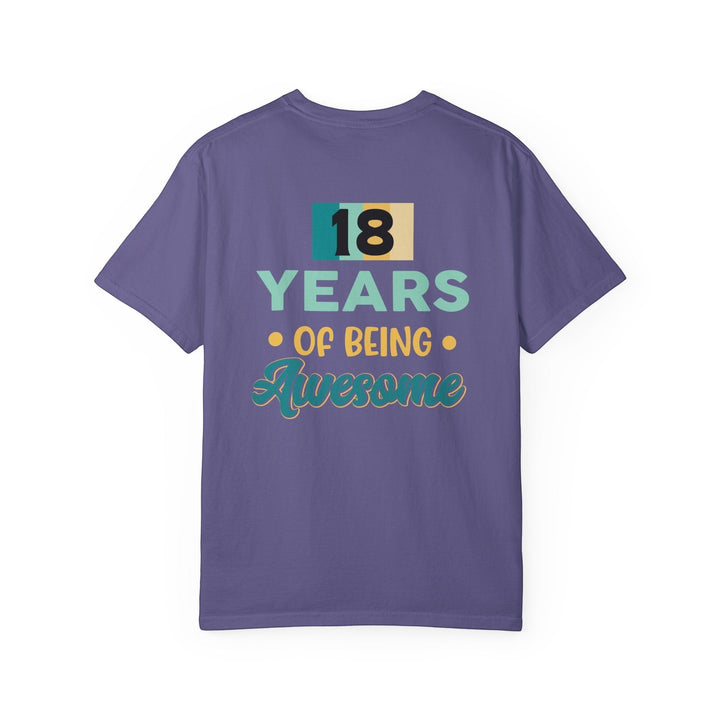 Sea Dragon Dreams purple unisex 18th birthday t-shirt with 18 Years of Being Awesome graphic on the back