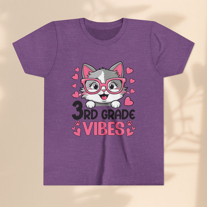 Sea Dragon Dreams purple youth t-shirt featuring a cute cat wearing pink glasses and 3rd Grade Vibes text graphic