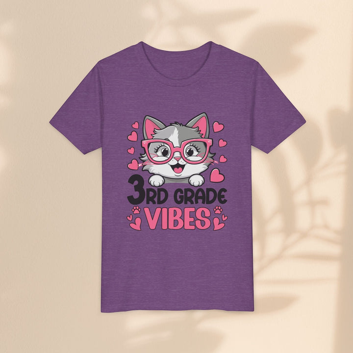 Sea Dragon Dreams purple youth t-shirt featuring a cute cat wearing pink glasses with 3rd Grade Vibes graphic.