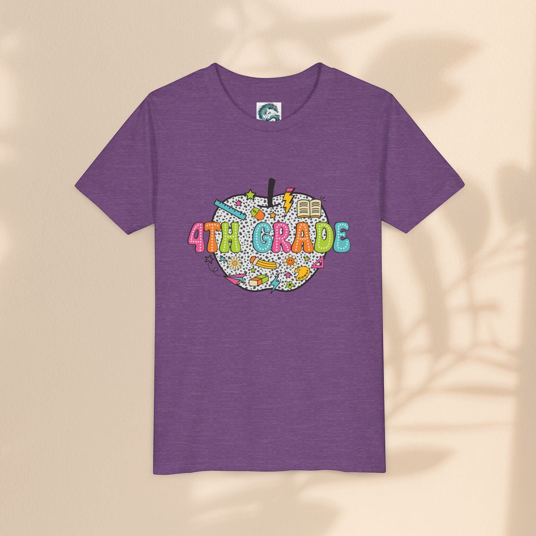 Sea Dragon Dreams purple youth t-shirt with a 4th Grade apple graphic featuring school supplies and colorful text.