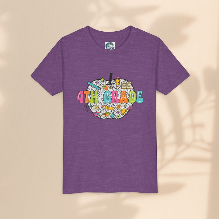 Sea Dragon Dreams purple youth t-shirt with a 4th Grade apple graphic featuring school supplies and colorful text.