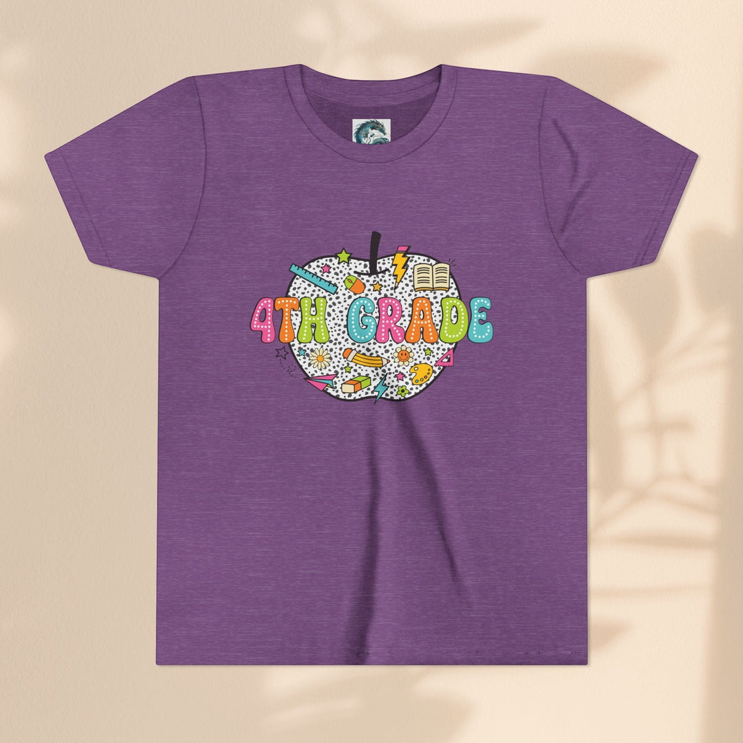 Sea Dragon Dreams purple youth t-shirt with a 4th grade apple graphic featuring school supplies and colorful text.